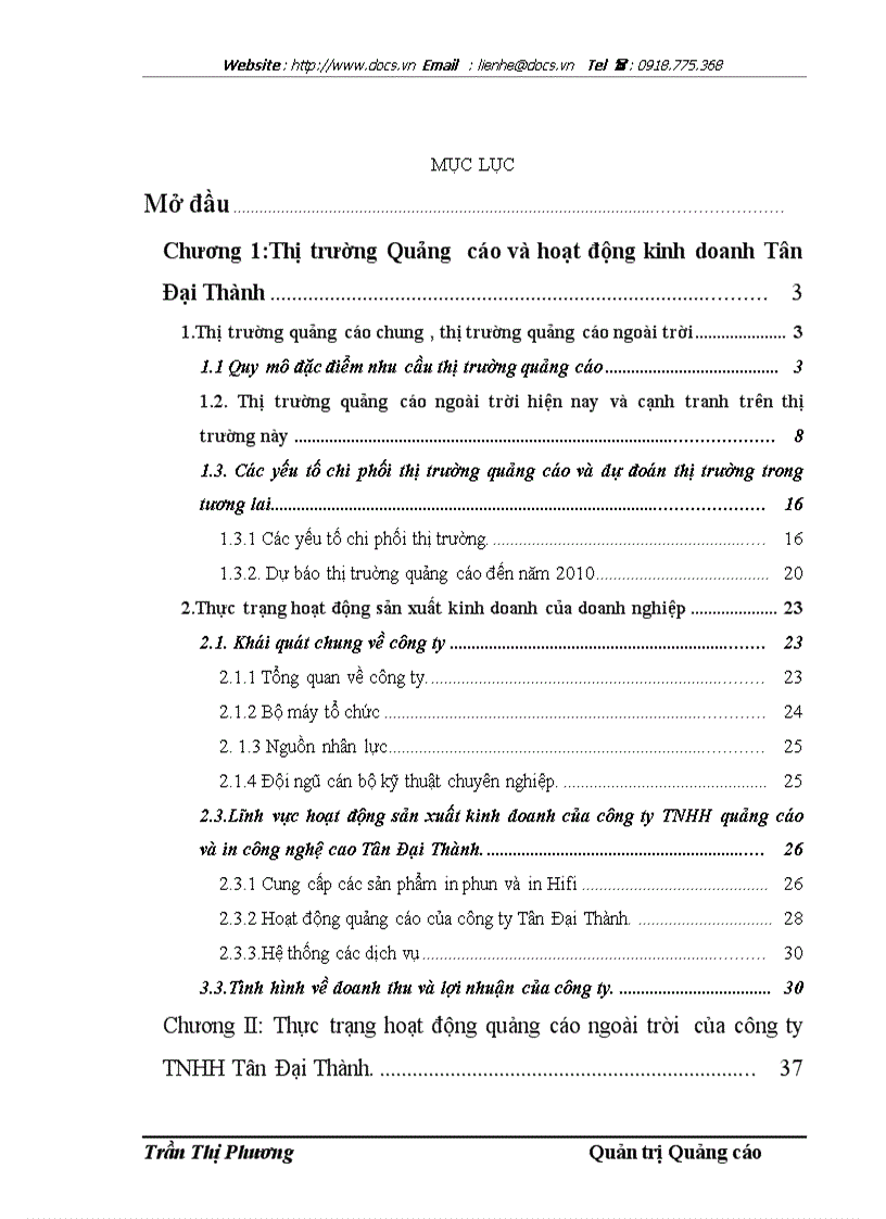 Thực trạng hoạt động quảng cáo ngoài trời và các giải pháp hoàn thiện của công tu TNHH quảng cáo và in công nghệ cao Tân Đại Thành