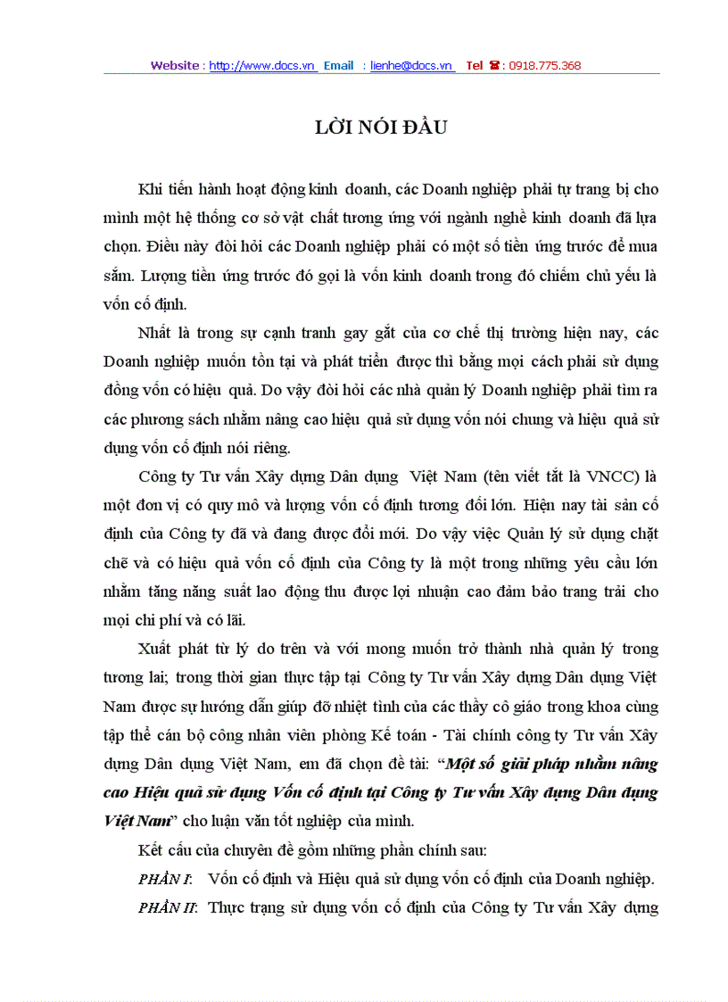 Một số giải pháp nhằm nâng cao Hiệu quả sử dụng Vốn cố định tại Công ty Tư vấn Xây dựng Dân dụng Việt Nam