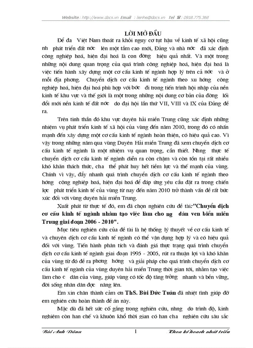 Chuyển dịch cơ cấu kinh tế ngành nhằm tạo việc làm cho ngư dân ven biển miền Trung giai đoạn 2006 2010