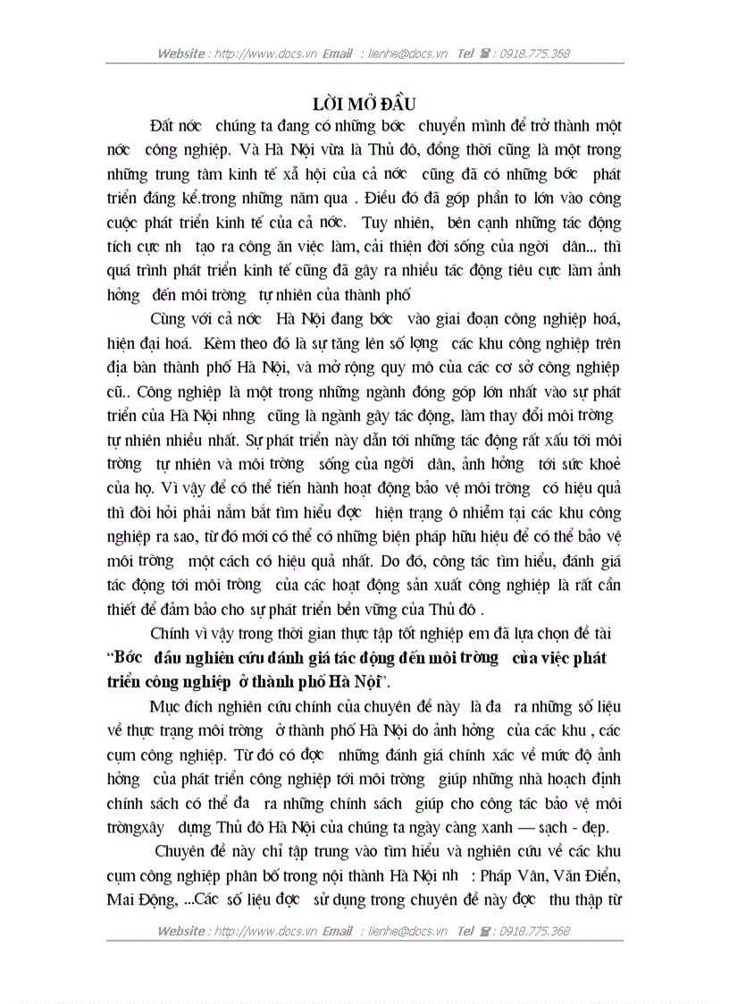 Bước đầu nghiên cứu đánh giá tác động đến môi trường của việc phát triển công nghiệp ở thành phố Hà Nội