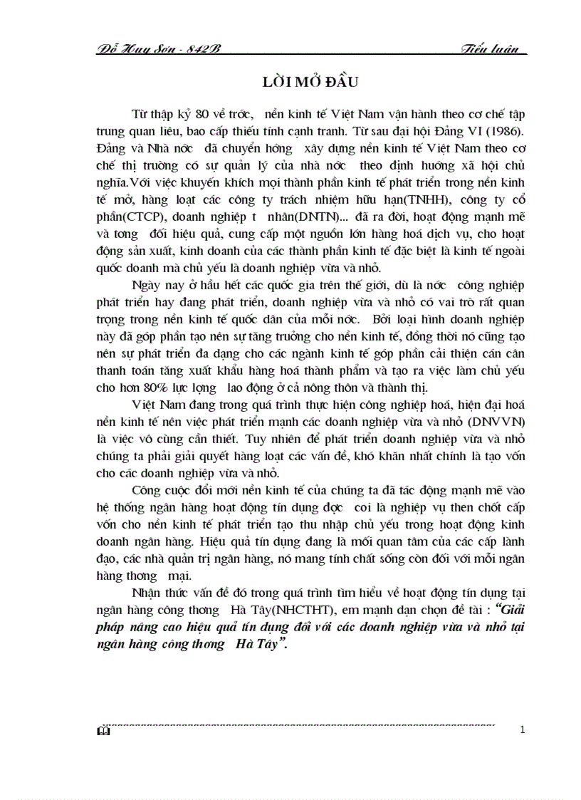 Một số giải pháp nhằm nâng cao hiệu quả tín dụng đối với các doanh nghiệp vừa và nhỏ tại ngân hàng công thương hà tây