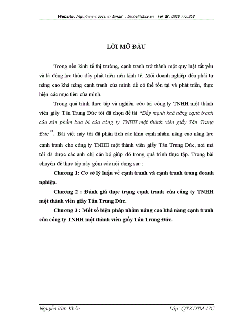 Đẩy mạnh khả năng cạnh tranh của sản phẩm bao bì của Công ty TNHH 1 thành viên giấy Tân Trung Đức