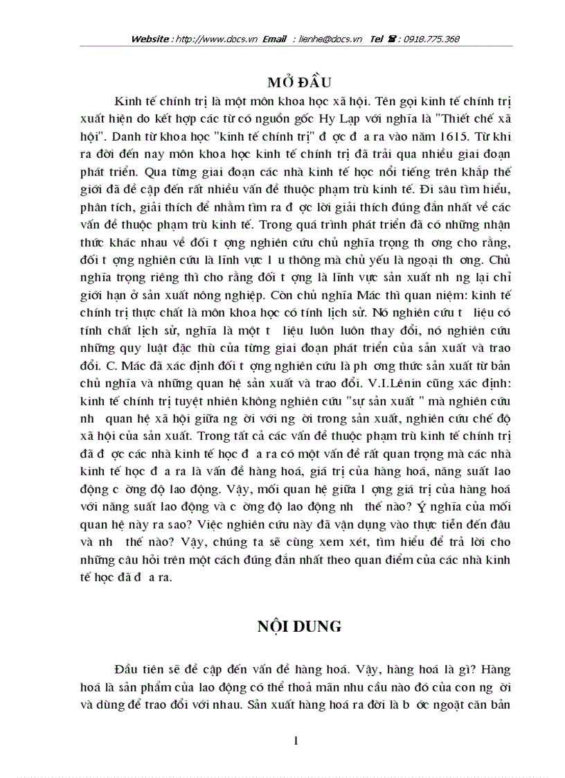 Phạm trù hàng hoá mối quan hệ giữa lượng giá trị của hàng hoá năng suất lao động cường độ lao động