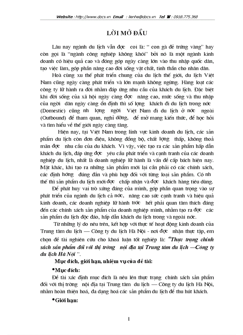 Thực trạng chính sách sản phẩm đối với thị trường nội địa tại Trung tâm du lịch Công ty du lịch Hà Nội