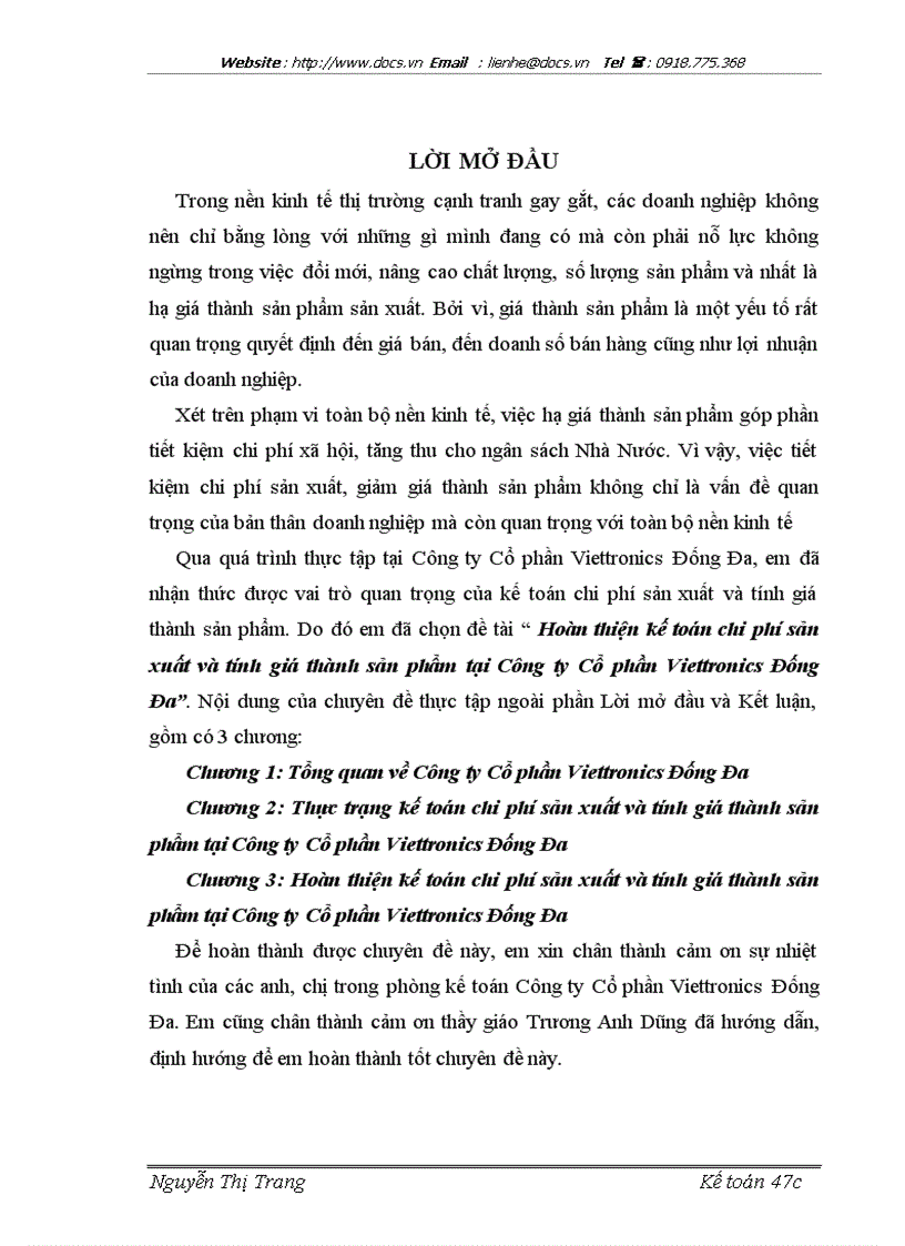Hoàn thiện kế toán chi phí sản xuất và tính giá thành sản phẩm tại Công ty Cổ phần Viettronics Đống Đa