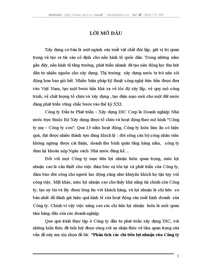 Phân tích các chỉ tiêu lợi nhuận của Công ty đầu tư phát triển xây dựng DIC