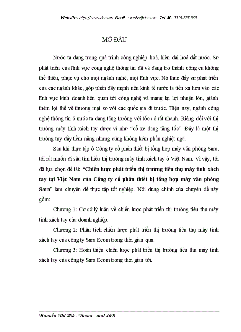 Chiến lược phát triển thị trường tiêu thụ máy tính xách tay tại Việt Nam của Công ty cổ phần thiết bị tổng hợp máy văn phòng Sara
