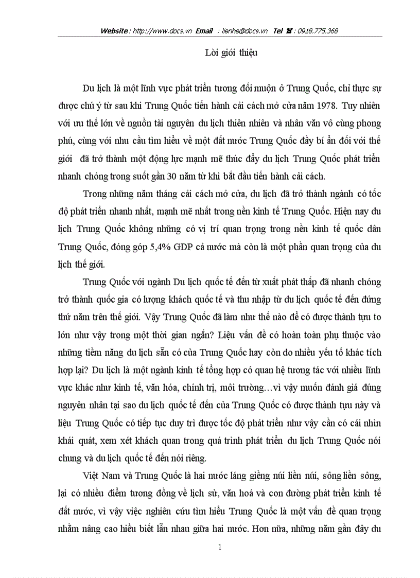 Phát triển du lịch quốc tế đến ở Trung Quốc từ 1978 đến nay và một số kinh nghiệm đối với Việt Nam