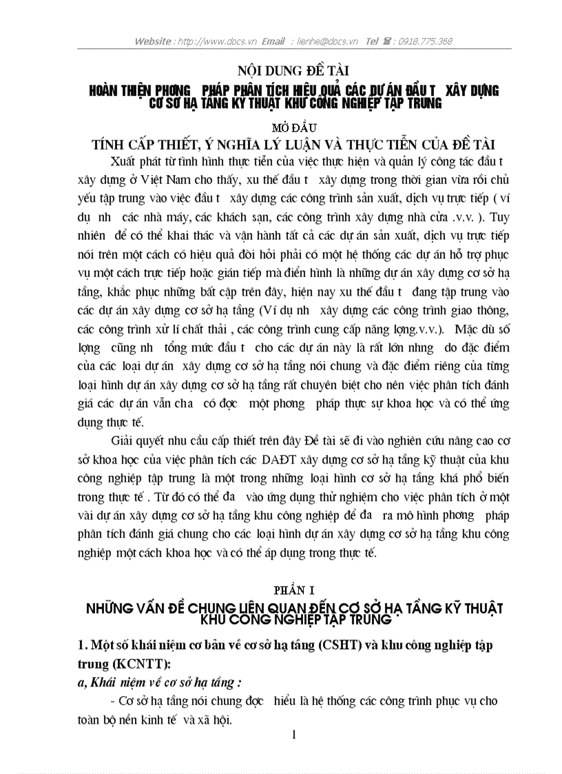 Hoàn thiện phương pháp phân tích hiệu quả các dự án đầu tư xây dựng cơ sở hạ tầng kỹ thuật khu công nghiệp tập trung