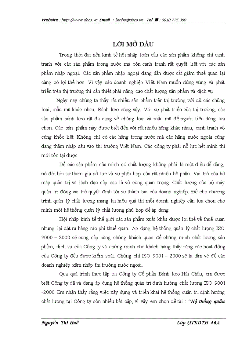 Hệ thống quản trị chất lượng theo bộ tiêu chuẩn ISO 9001 2000 tại Công ty Cổ phần Bánh kẹo Hải Châu Thực trạng và giải pháp hoàn thiện