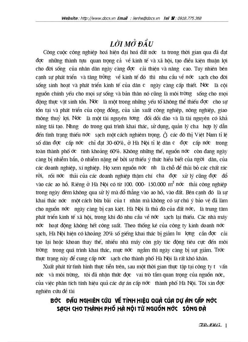 Bước đầu nghiên cứu về tính hiệu quả của dự án cấp nước sạch cho thành phố Hà Nội từ nguồn nước Sông Đà
