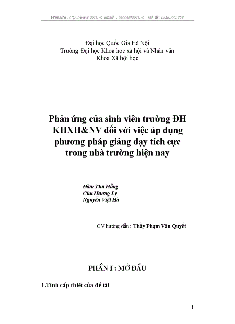 Phản ứng của sinh viên trường ĐH KHXH NV đối với việc áp dụng phương pháp giảng dạy tích cực trong nhà trường hiện nay