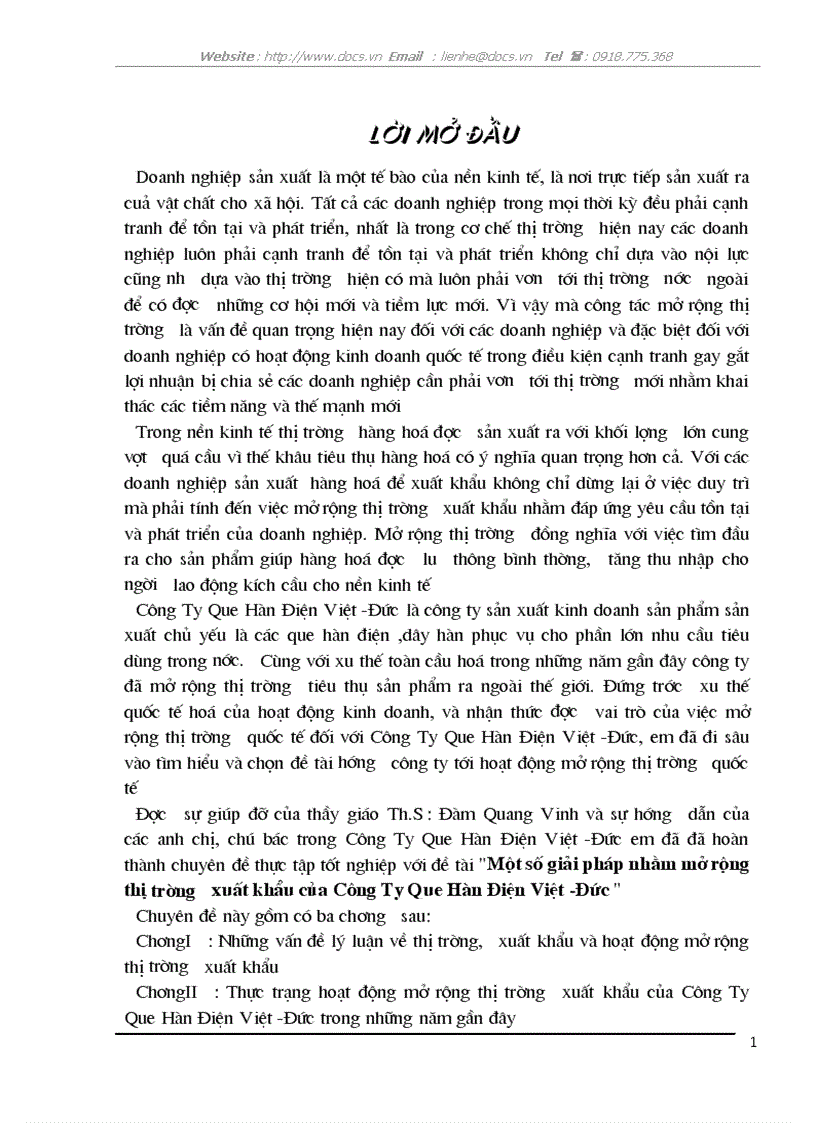 Một số giải pháp nhằm mở rộng thị trường xuất khẩu của Công Ty Que Hàn Điện Việt Đức