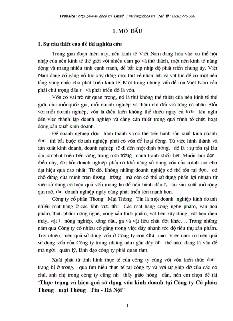 Thực trạng và hiệu quả sử dụng vốn kinh doanh tại Công ty Cổ phần Thương mại Thường Tín Hà Nội