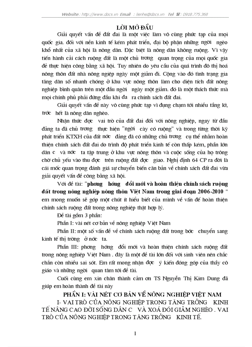 Phương hướng đổi mới và hoàn thiện chính sách ruộng đất trong nông nghiệp nông thôn Việt Nam trong giai đoạn 2006 2010