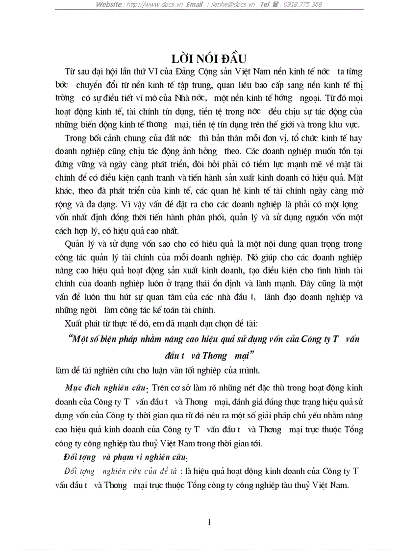 Một số biện pháp nhằm nâng cao hiệu quả sử dụng vốn của Công ty Tư vấn đầu tư và Thương mạ