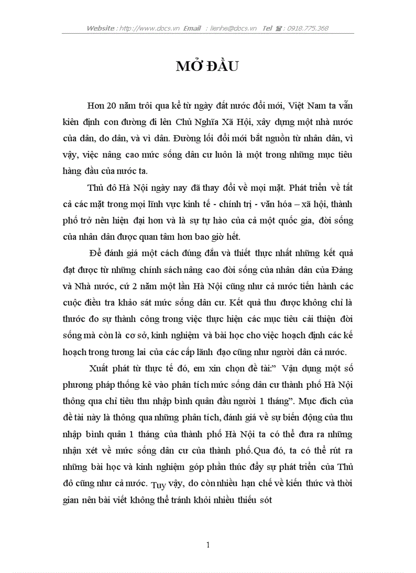 Vận dụng một số phương pháp thống kê vào phân tích mức sống dân cư thành phố Hà Nội thông qua chỉ tiêu thu nhập bình quân đầu người 1 tháng