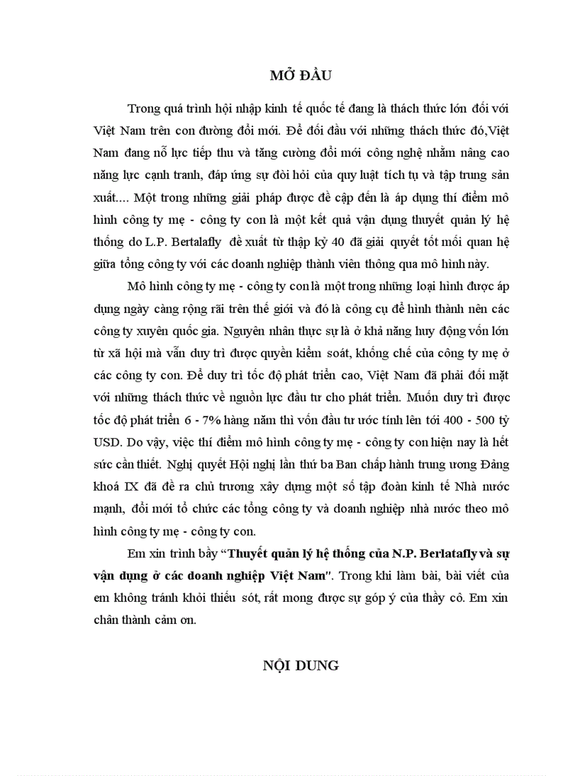 Thuyết quản lý hệ thống của N P Berlatafly và sự vận dụng ở các doanh nghiệp Việt Nam