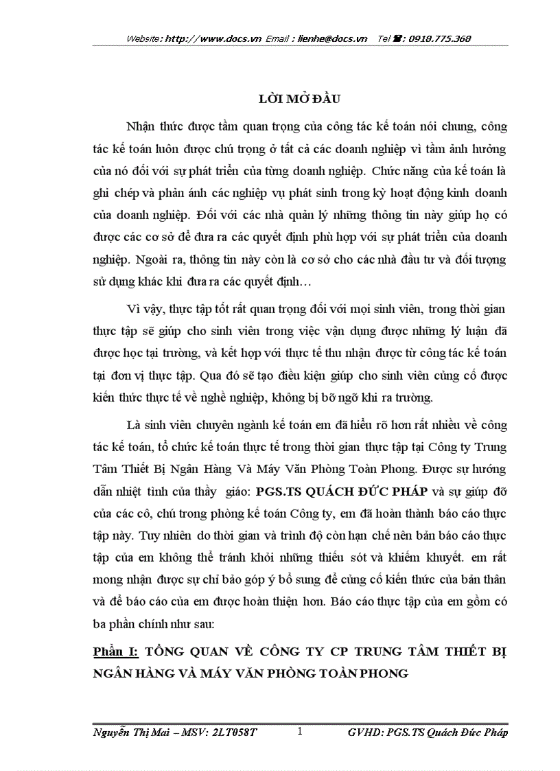 Công tác kế toán tổ chức kế toán thực tế trong thời gian thực tập tại Công ty Trung Tâm Thiết Bị Ngân Hàng Và Máy Văn Phòng Toàn Phong