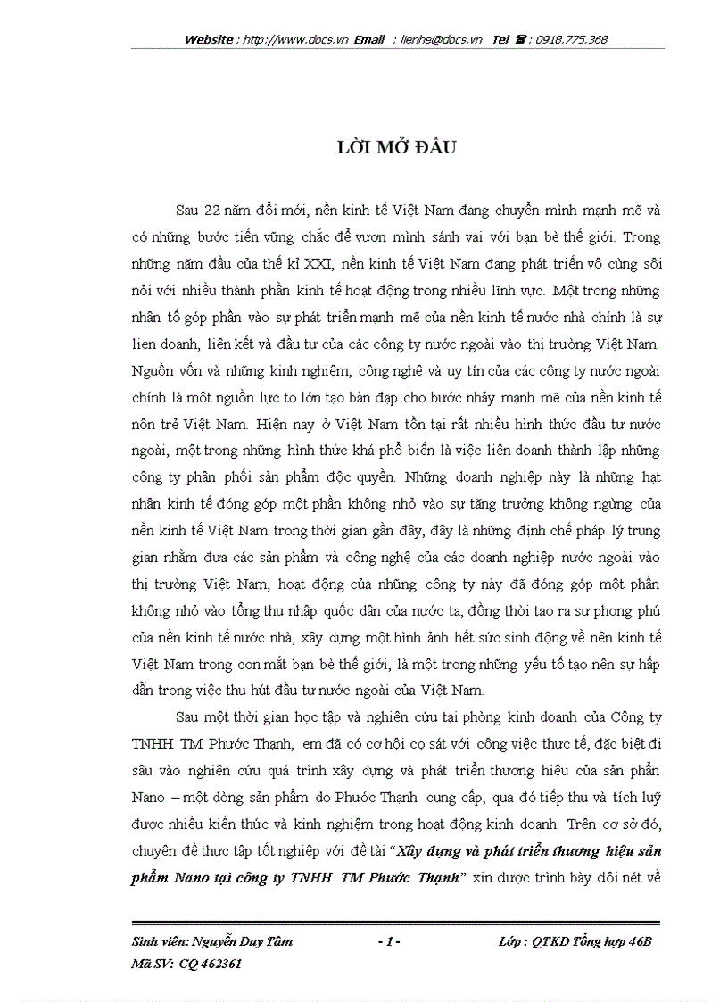 Xây dựng và phát triển thương hiệu sản phẩm Nano tại Công ty TNHH TM Phước Thạnh