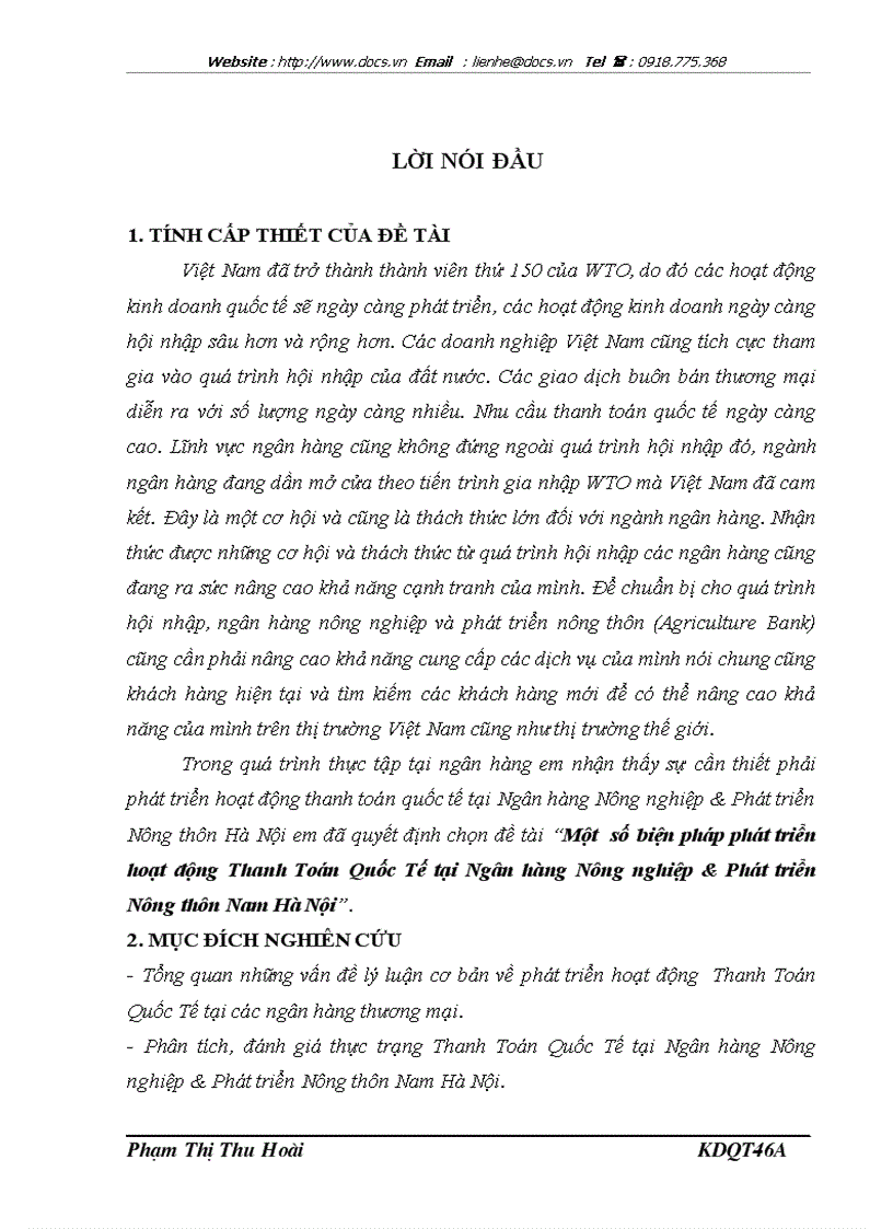 Một số biện pháp phát triển hoạt động Thanh Toán Quốc Tế tại Ngân hàng Nông nghiệp Phát triển Nông thôn Nam Hà Nội