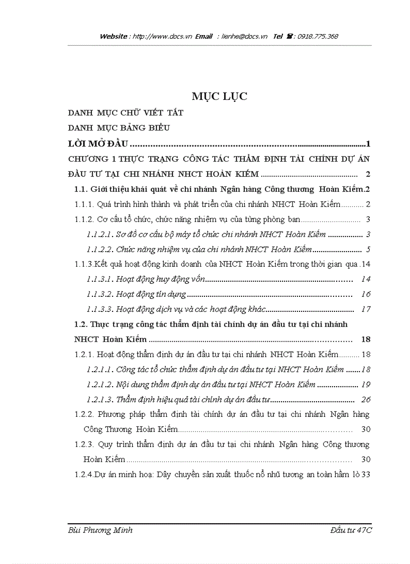 Hoàn thiện công tác thẩm định tài chính dự án đầu tư tại Ngân hàng Công Thương Hoàn Kiếm