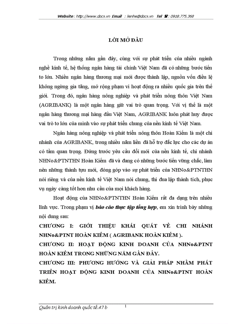 Báo cáo Tại ngânhàng NHNo PTNT AgriBank HN Hoàn Kiếm lt NHa gt