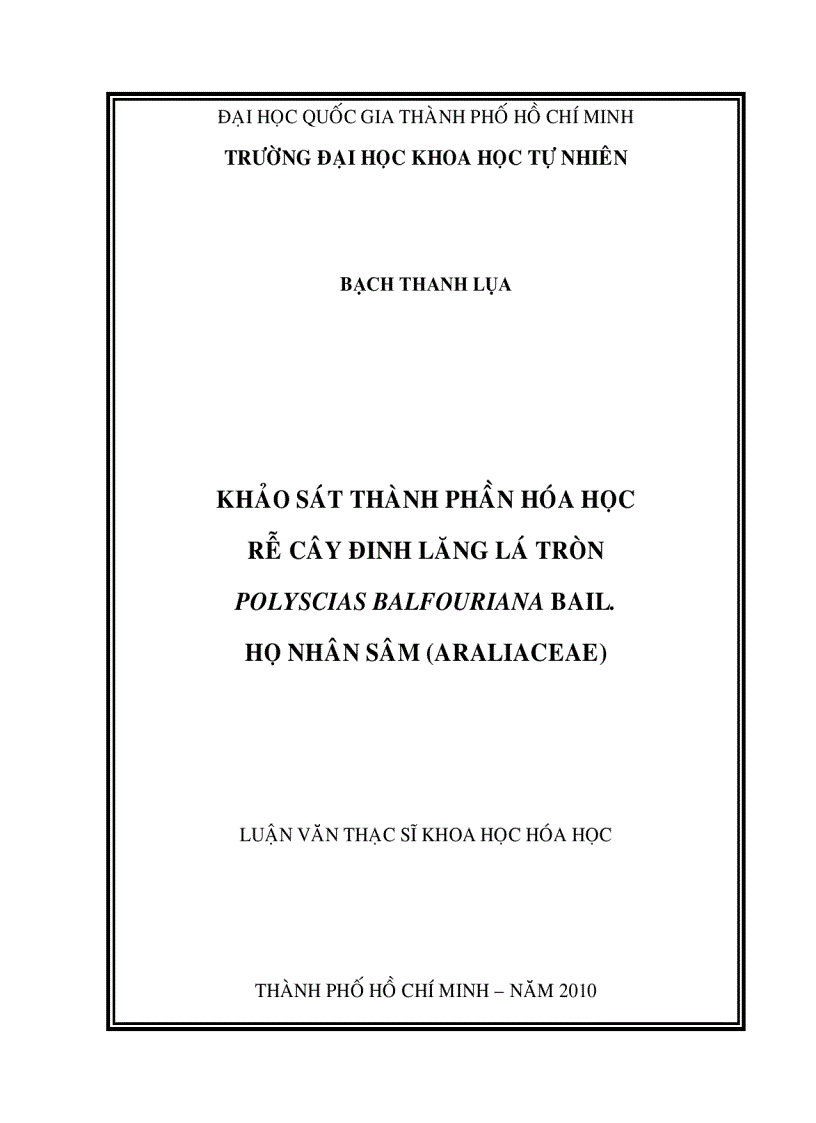 Khảo sát thành phần hóa học rễ cây đinh lăng lá tròn polyscias balfouriana ball họ nhân sâm araliaceae