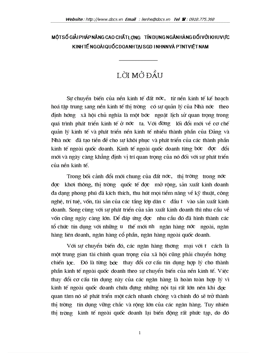 Một số giải pháp nâng cao chất lượng tín dụng ngân hàng đối với khu vực kinh tế ngoài quốc doanh tại sgd i nhnn và ptnt việt nam
