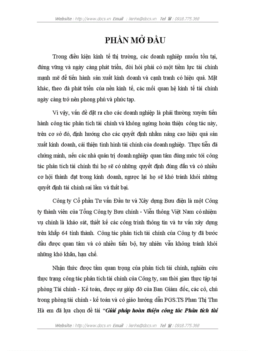Giải pháp hoàn thiện công tác Phân tích tài chính doanh nghiệp của Công ty Cổ phần Tư vấn Đầu tư và Xây dựng Bưu điện