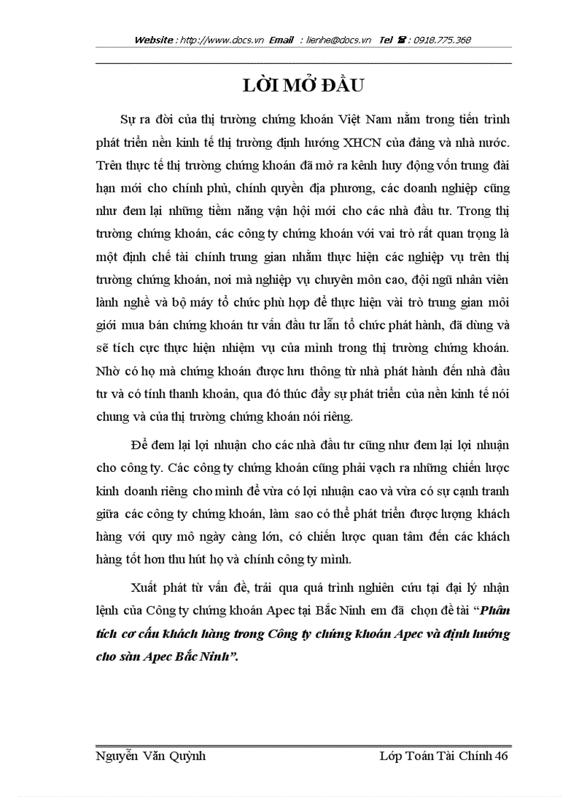 Phân tích cơ cấu khách hàng trong Công ty chứng khoán Apec và định hướng cho sàn Apec Bắc Ninh