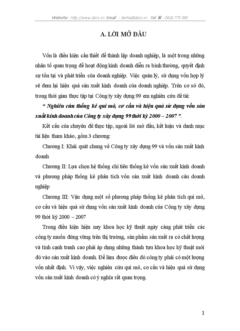 Nghiên cứu thống kê qui mô cơ cấu và hiệu quả sử dụng vốn sản xuất kinh doanh của Công ty xây dựng 99 thời kỳ 2000 2007