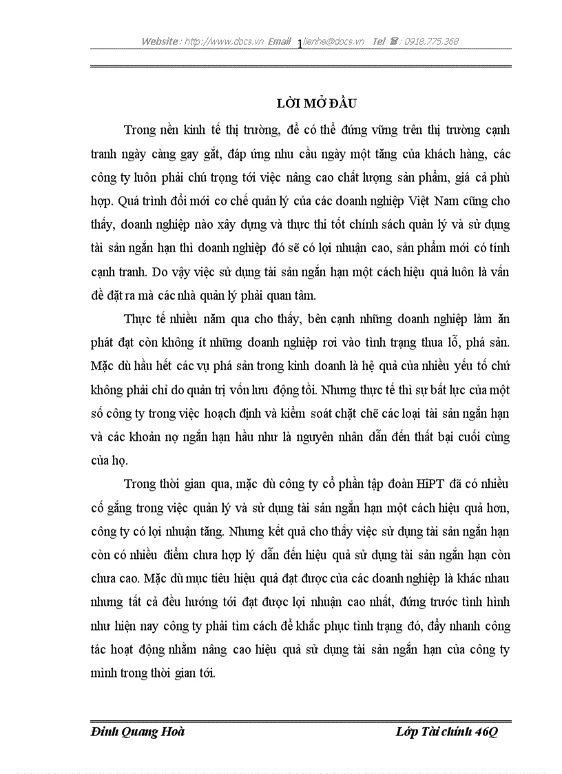 Giải pháp nâng cao hiệu quả sử dụng tài sản ngắn hạn tại công ty cổ phần tập đoàn HiPT
