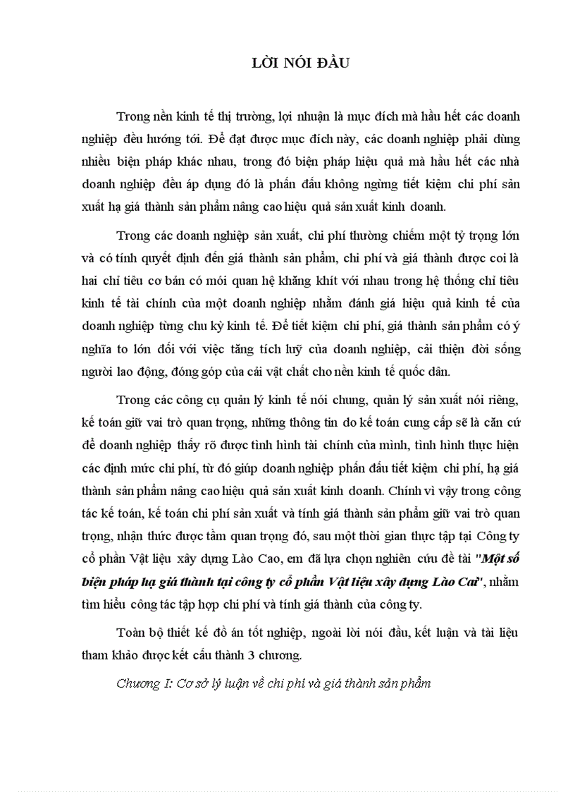 Một số biện pháp hạ giá thành tại công ty cổ phần Vật liệu xây dựng Lào Cai