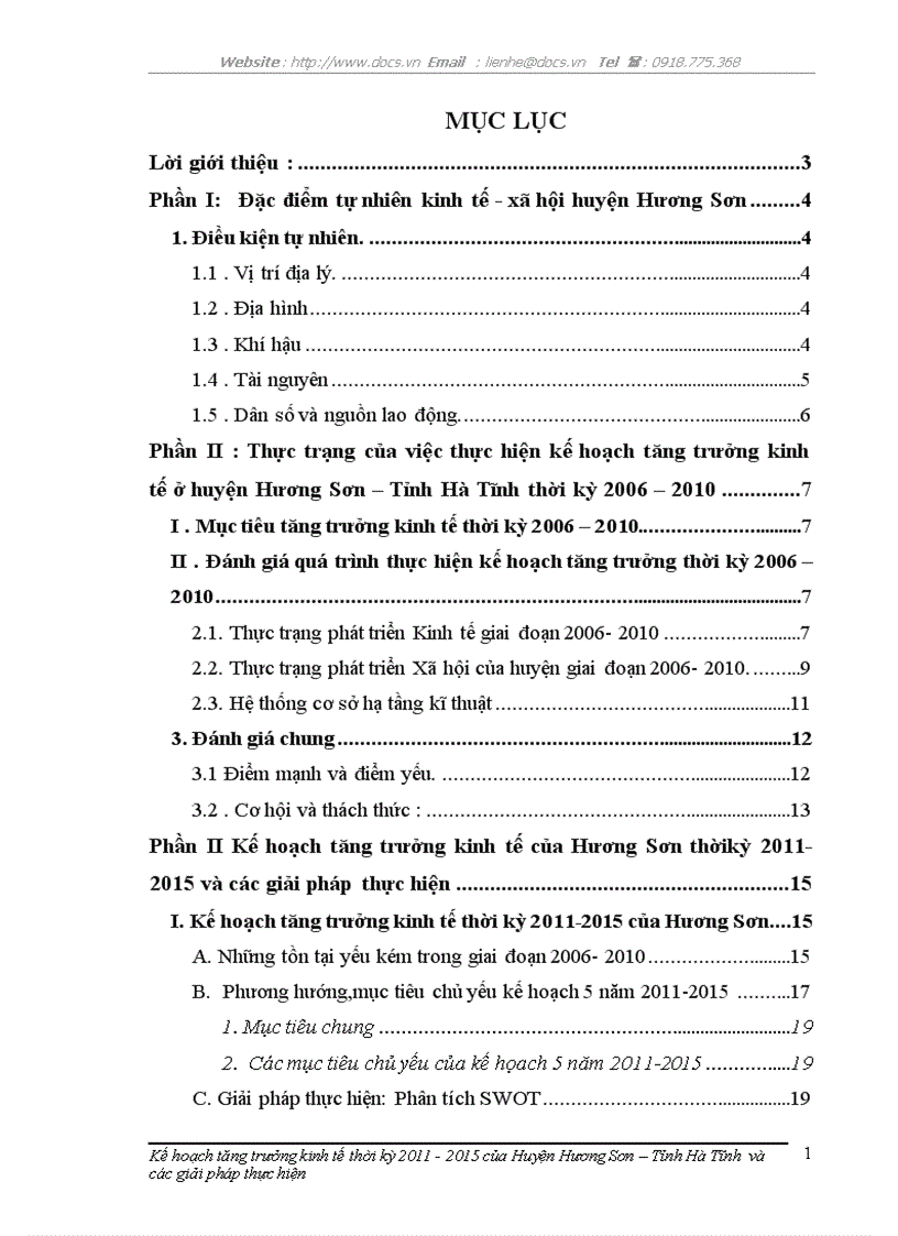 Kế hoạch tăng trưởng kinh tế thời kỳ 2011 2015 ở huyện Hương Sơn Tỉnh Hà Tĩnh và các giải pháp thực hiện