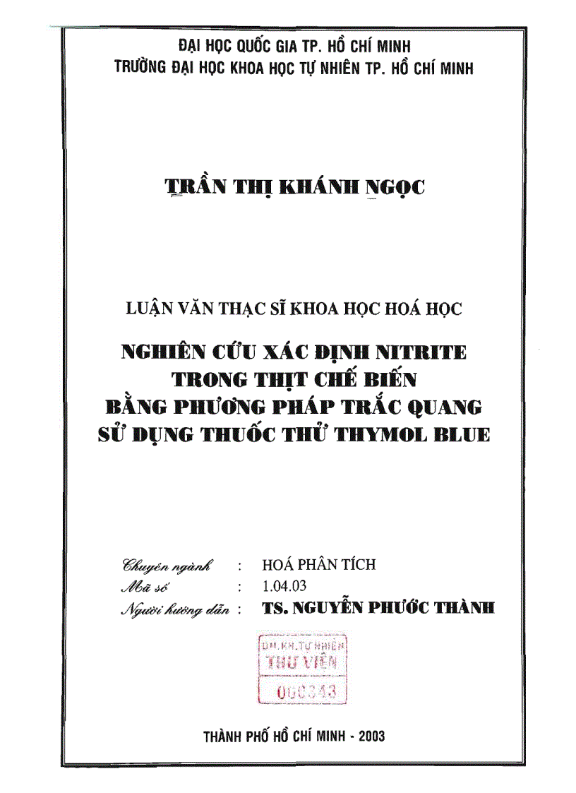 Nghiên cứu xác định nitrite trong thịt chế biến bằng phương pháp trắc quang sử dụng thuốc thử thymol blue