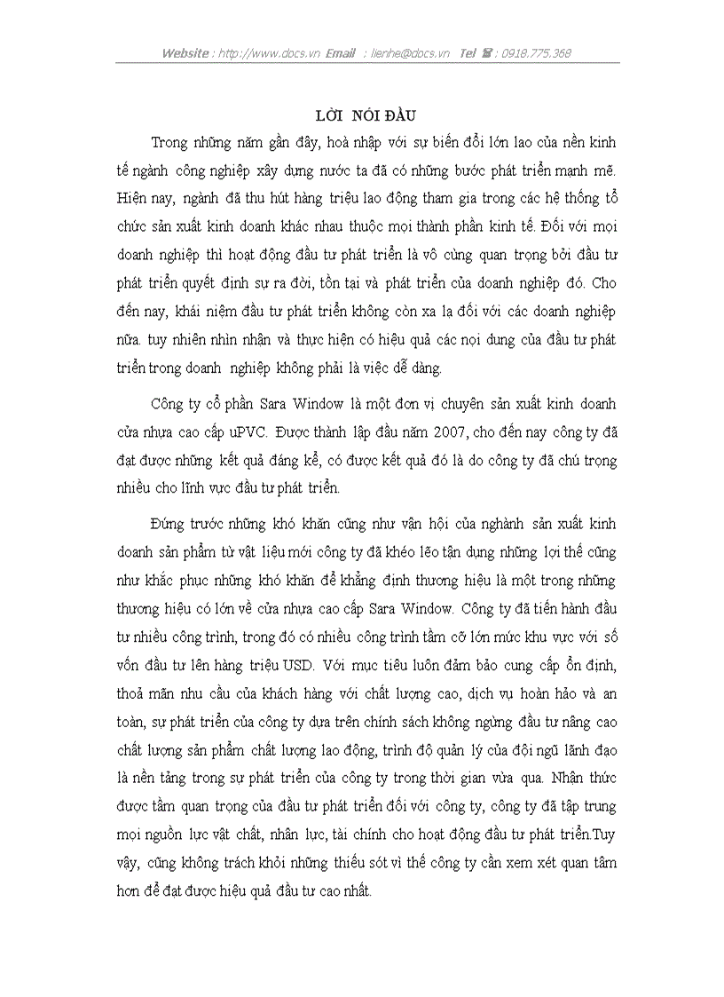 Đầu tư phát triển tại Công ty Cổ phần Sara Window Thực trạng và giải pháp