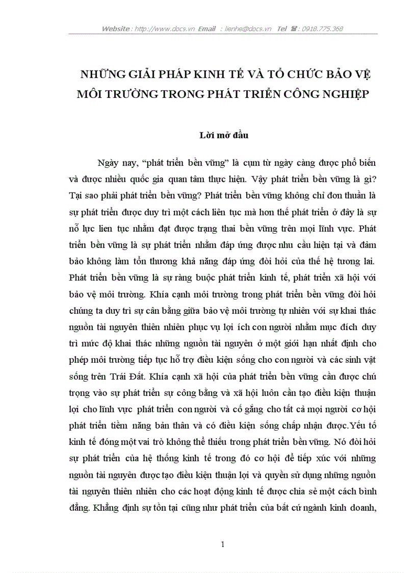 Những giải pháp kinh tế và tổ chức bảo vệ môi trường trong phát triển công nghiệp