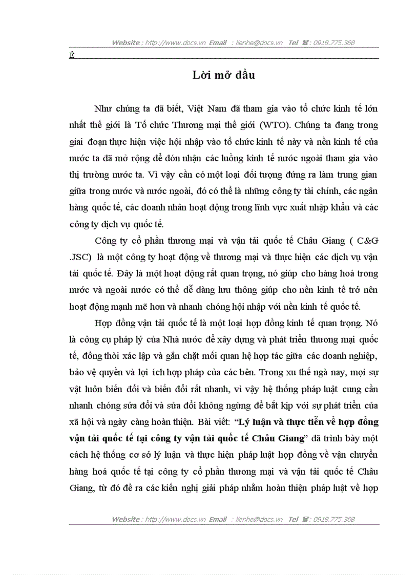 Lý luận và thực tiễn về hợp đồng vận tải quốc tế tại công ty vận tải quốc tế Châu Giang
