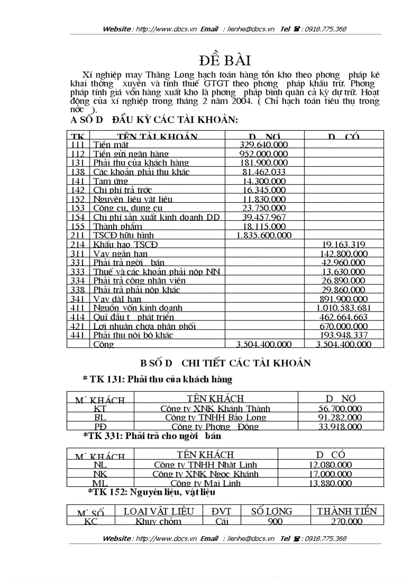 Kế toán tổng hợp Xí nghiệp May Thăng Long các nghiệp vụ tài khoản chữ T