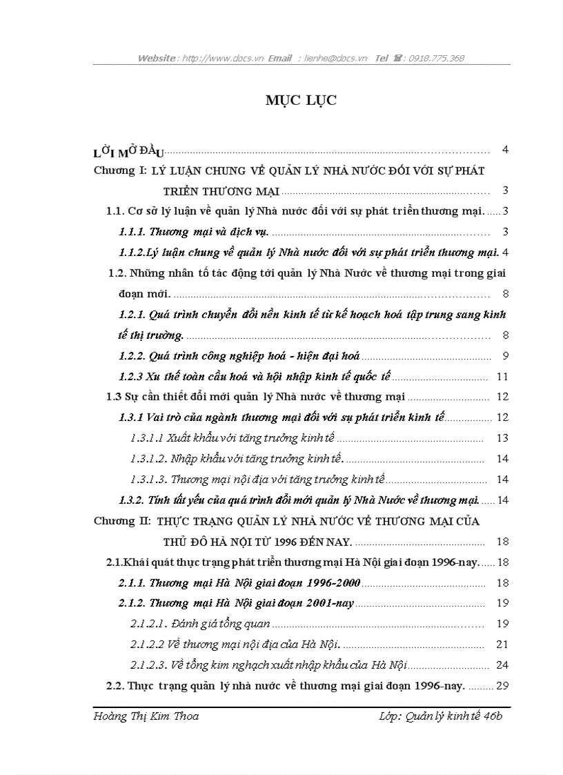 Một số vấn đề về đổi mới quản lý Nhà Nước đối với sự phát triển thương mại của thủ đô Hà Nội giai đoạn 1996 đến nay