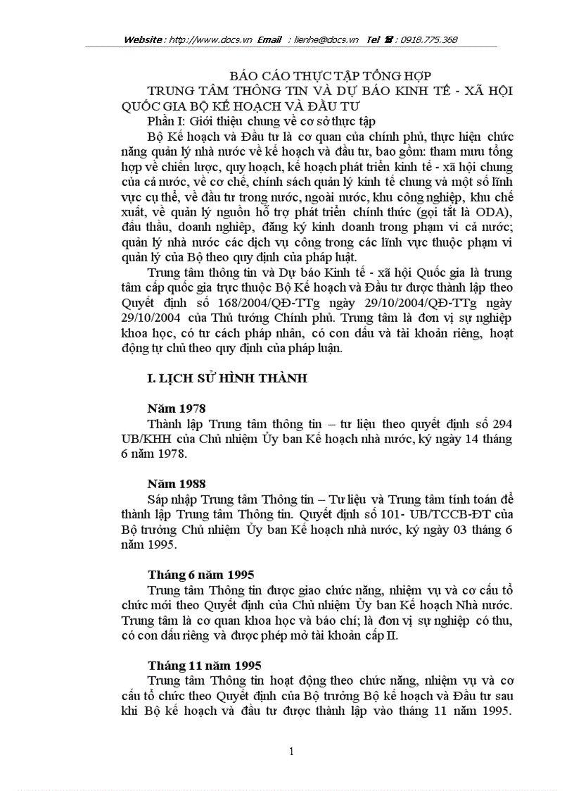 Báo cáo Tại Trung tâm thông tin và dự báo kinh tế xã hội quốc gia bộ kế hoạch và đầu tư
