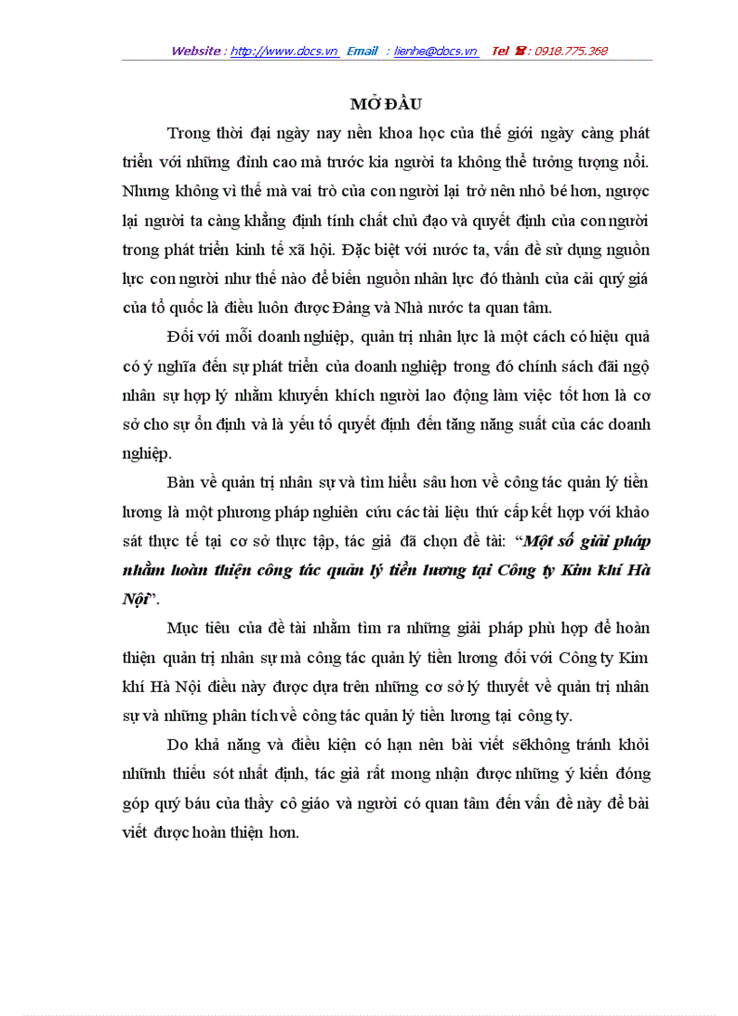 Một số giải pháp nhằm hoàn thiện công tác quản lý tiền lương tại Công ty Kim khí Hà Nội