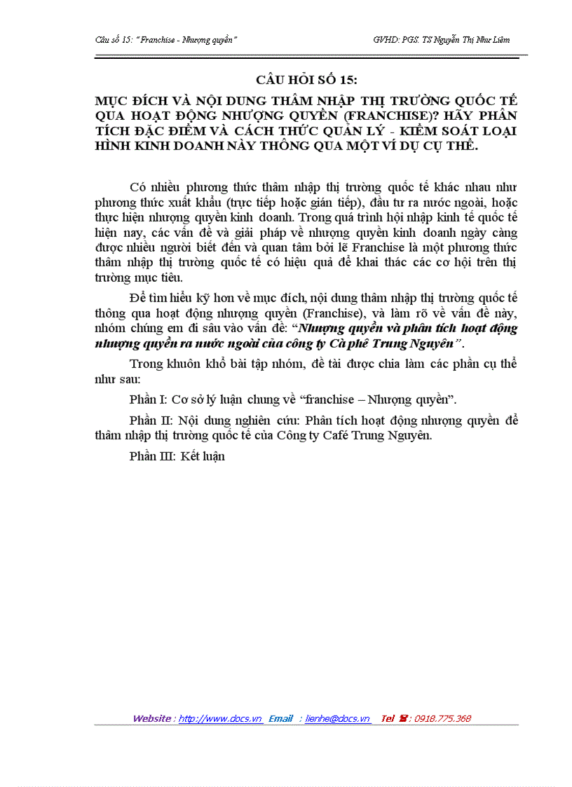 Nhượng quyền và phân tích hoạt động nhượng quyền ra nước ngoài của công ty Cà phê Trung Nguyên