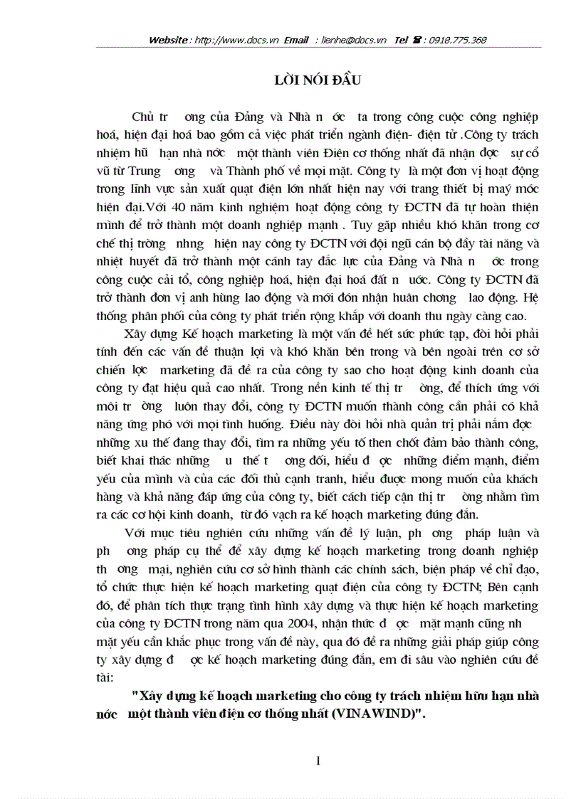 Xây dựng kế hoạch marketing cho công ty trách nhiệm hữu hạn nhà nước một thành viên điện cơ thống nhất VINAWINDƯ