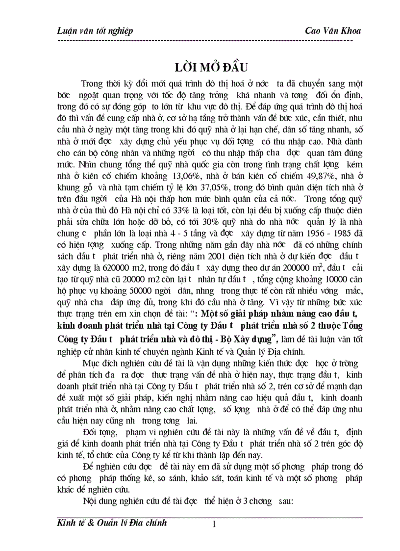 Một số giải pháp nhằm nâng cao đầu tư kinh doanh phát triển nhà tại Công ty Đầu tư phát triển nhà số 2 thuộc Tổng Công ty Đầu tư phát triển nhà và đô
