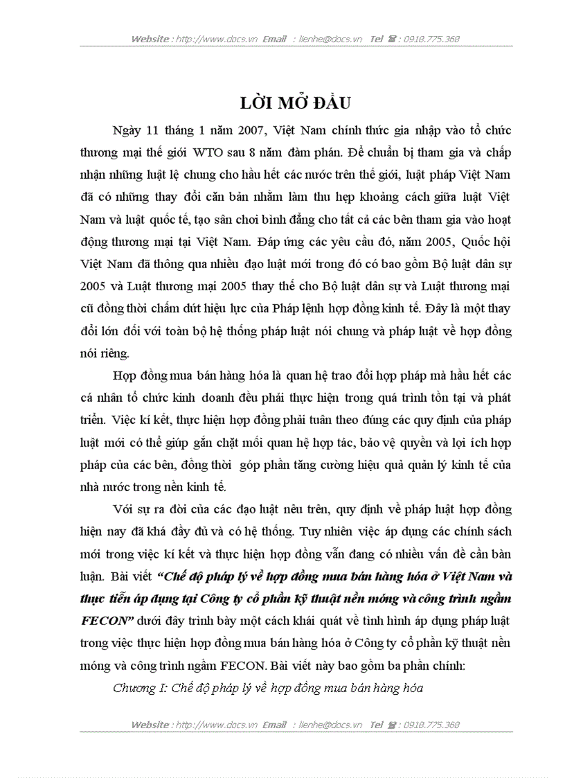 Chế độ pháp lý về hợp đồng mua bán hàng hóa ở Việt Nam và thực tiễn áp dụng tại Công ty cổ phần kỹ thuật nền móng và công trình ngầm FECON