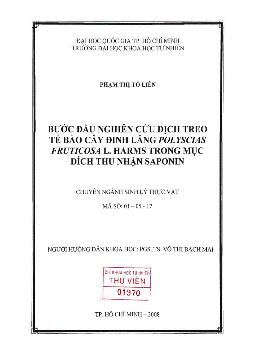 Bước đầu nghiên cứu dịch treo tế bào cây đinh lăng polyscias fruticosa l Harms trong mục đích thu nhận saponin