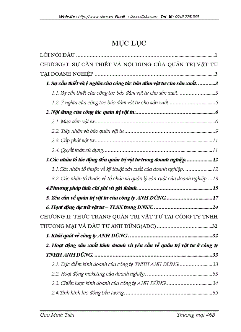 Hoàn thiện công tác quản trị vật tư ở công ty TNHH THƯƠNG MẠI VÀ ĐẦU TƯ ANH DŨNG