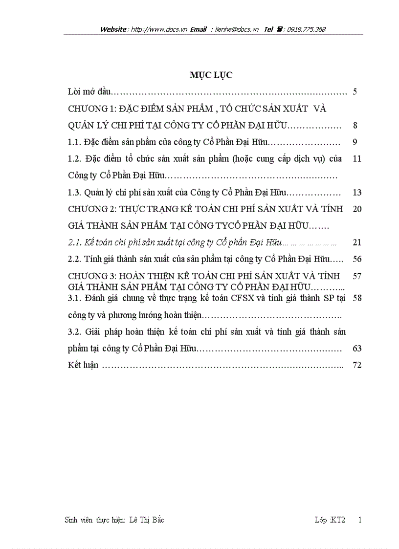 Hoàn thiện kế toán chi phí sản xuất và tính giá thành sản phẩm tại Công ty CP Đại Hữu ko lý luận